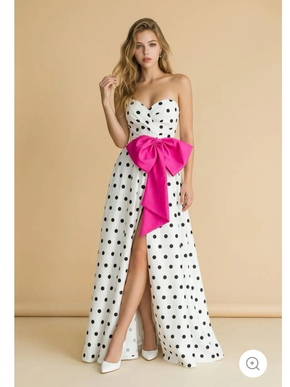 Strapless White Polka Dot Maxi Dress with Pink Bow